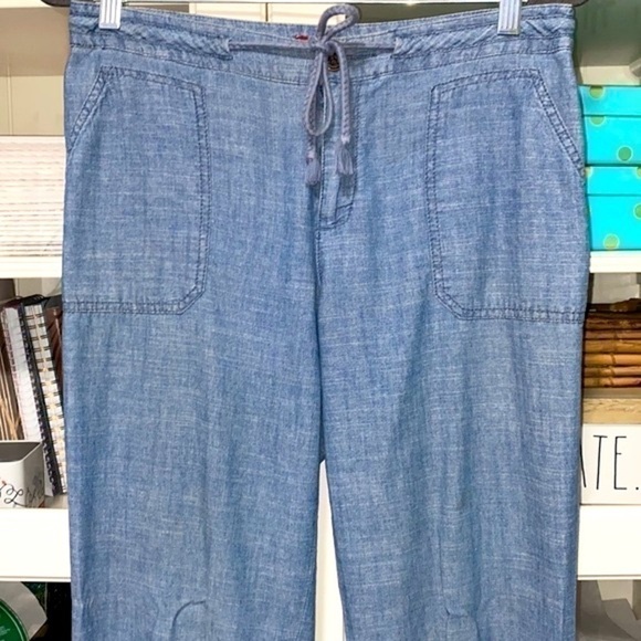 Blue Chambray Straight Leg Drawstring Capri Relaxed Fit Bohemian Pockets Pants - Picture 8 of 16